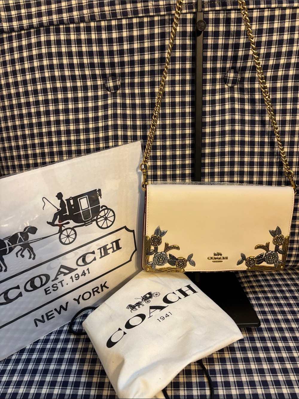 COACH Calle fold over chain clutch with metallic floral appliqués